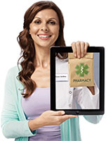 Female woman smiling and holding up iPad with Pharmacy uniform inside