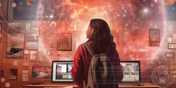 Student with backpack working at a desk, facing glowing digital visuals and screens.